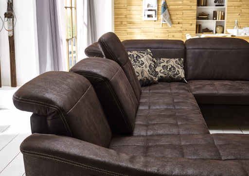 Wohnlandschaft - Longchair links mit 2,5-Sitzer und Ecke rechts, Kopfteil verstellbar, Stoff, Mocca