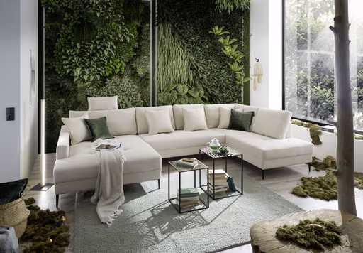 Wohnlandschaft - Longchair links, 2-Sitzer, Ecke rechts, Stoff, Hellgrau