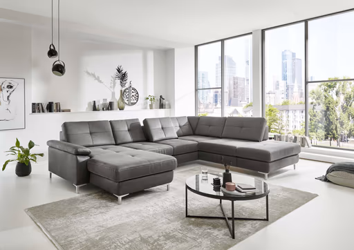 Wohnlandschaft - Longchair links mit 2,5-Sitzer und Ecke rechts, Sitztiefe verstellbar, Stoff, Eisengrau