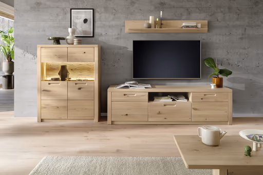 TV-Lowboard - B ca. 202 cm, Eiche Nachbildung, Eiche massiv geölt