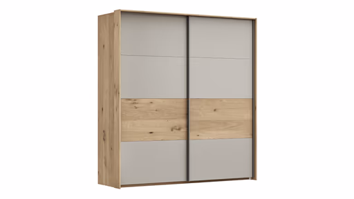 Schwebetürenschrank Viana - B ca. 188 cm, Furnier, Balkeneiche, Hellgrau