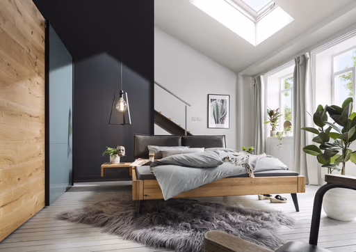 Nachttisch 1660 - Wildeiche massiv, geölt / Schubladenfront, Stoff, Graphit