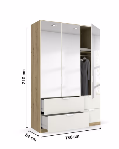 Drehtürenschrank ROMAN SPIN- B ca. 136 cm, Eiche Dekor, Weiß, Spiegel