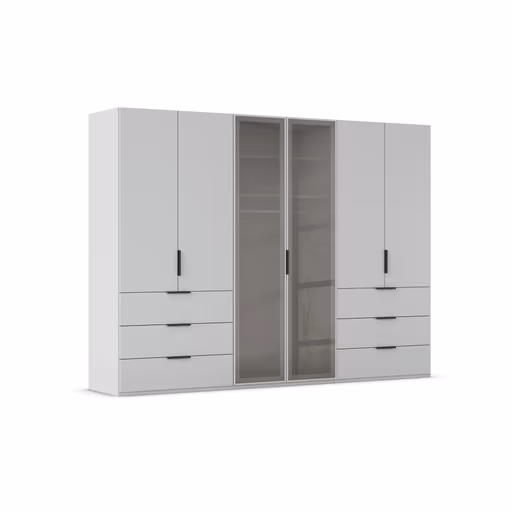 Drehtürenschrank - B. ca. 300 cm, Seidengrau Dekor, Glasrahmentüren Schwarz