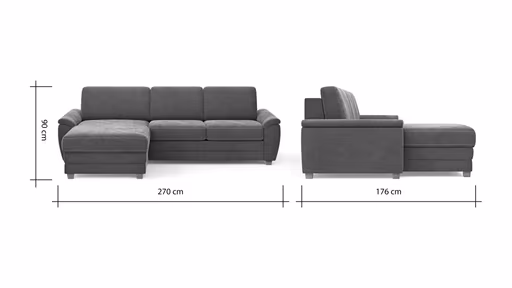 Ecksofa Lakeville 1 - Longchair links mit 2-Sitzer inkl. Schlaffunktion mit Bettkasten, Stoff, Grau