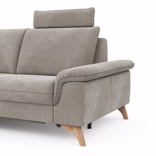 Ecksofa Tulsa KS - 1,5-Sitzer mit Anstellhocker aufklappbar links, Spitzecke und 2,5-Sitzer rechts, inkl. Kopfstütze, AL verstellbar und Schlaffunktion, Stoff, Graubeige