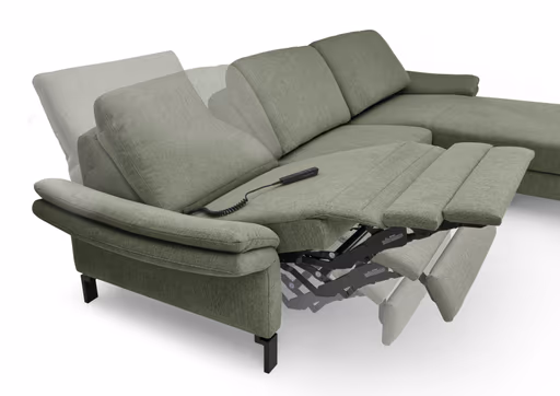 Ecksofa CALM PREMIUM 2.0 - Longchair links mit 3-Sitzer, Relaxfunktion motorisch, Armlehne verstellbar, Stoff, Dunkelgrün