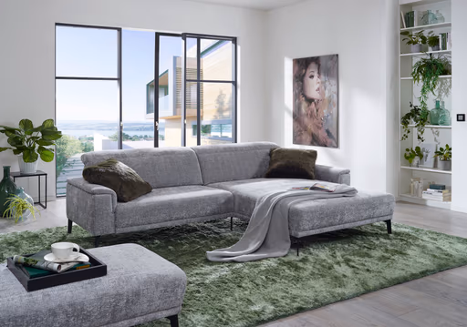 Ecksofa - 1-Sitzer mit Longchair rechts, Stoff, Silbergrau