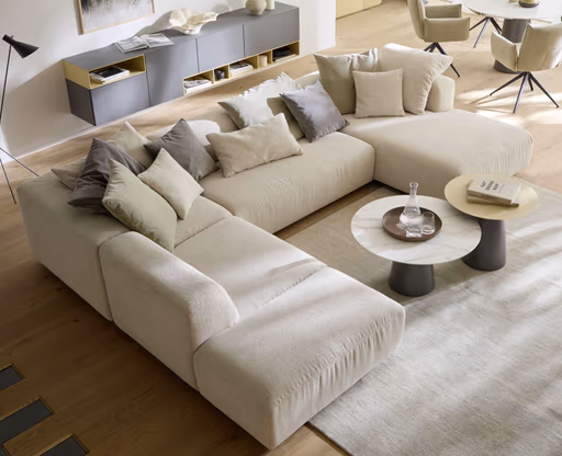 Ecksofa Caruso - Ecke links, 2-Sitzer, Longchair rechts, inklusive Kissen, Stoff, Ecru