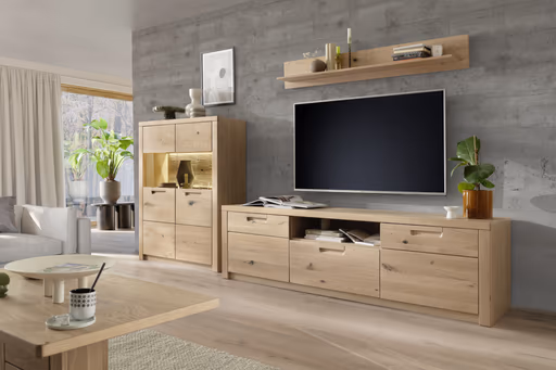 TV-Lowboard - B ca. 202 cm, Eiche Nachbildung, Eiche massiv geölt