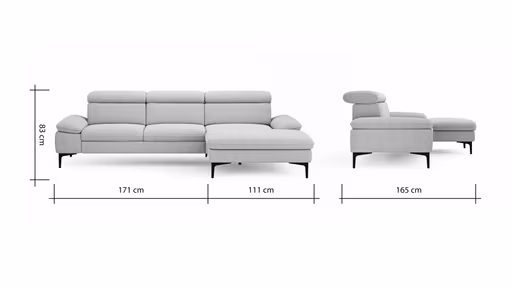 Ecksofa Felipa - 2,5-Sitzer mit Longchair rechts inkl. Kopfteil verstellbar, Stoff, Grau