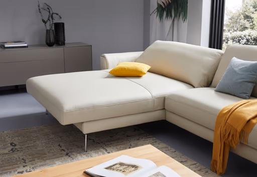 Ecksofa Enna - Longchair Links mit 1,5-Sitzer inklusive Relaxfunktion (motorisch), Leder, Ecru