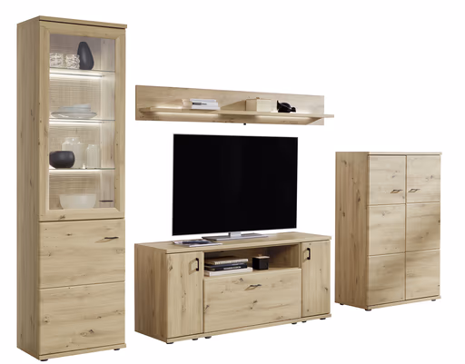 Wohnwand EM Locarno - mit Wandboard, Beleuchtung, Rückwandschroppung, Risseiche