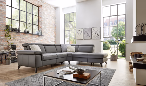 Ecksofa EM Salo - mit Kopfteilverstellung, 2,5-Sitzer mit Ecke rechts, Leder, Anthrazit