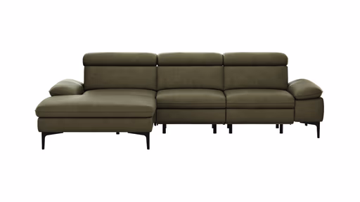 Ecksofa Felipa - Longchair links mit 2,5-Sitzer inkl. Armlehne verstellbar und Rückenlehne/Sitztiefe verstellbar (motorisch), Leder, Olive