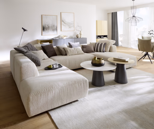 Ecksofa Caruso - Ecke links, 2-Sitzer, Longchair rechts, inklusive Kissen, Stoff, Ecru