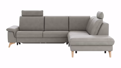Ecksofa Tulsa KS - 2,5-Sitzer, Spitzecke und 1,5-Sitzer mit Anstellhocker aufklappbar rechts,  inkl. Kopfstütze, AL verstellbar und Schlaffunktion, Leder, Graubeige