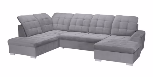 Wohnlandschaft - Ecke links, 2-Sitzer, Longchair rechts inkl. Schlaffunktion und Bettkasten, verstellbare Kopfstützen, Stoff, Grau