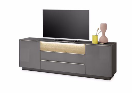 Lowboard - mit Beleuchtung, B ca. 214 cm, Anthrazit, Eiche massiv