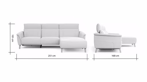 Ecksofa Nevin - 2-Sitzer mit Longchair rechts, inkl. Relaxfunktion (motorisch) und Kopfpolsterverstellung, Stoff, Weiß