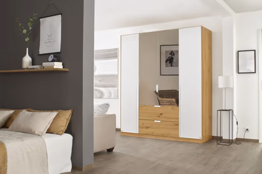 Drehtürenschrank ROMAN SPIN- B ca. 181 cm, Eiche Dekor, Weiß, Spiegel