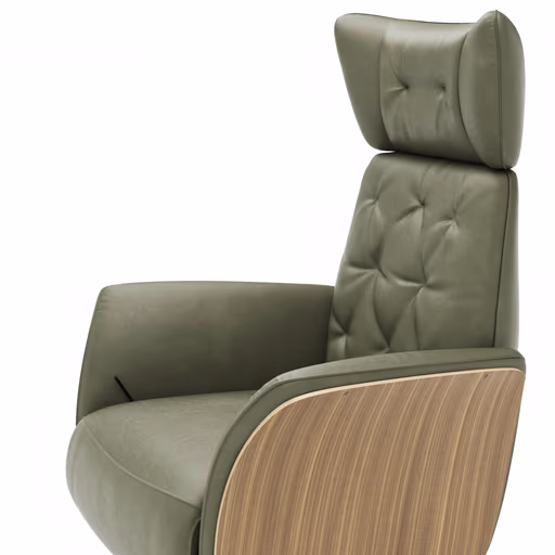 Drehsessel Aberdeen - Größe M, inkl. Relaxfunktion, Holzblende furniert, Nussbaum, Leder, Moos