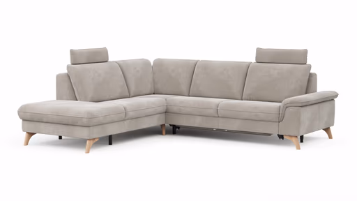 Ecksofa Tulsa KS - 1,5-Sitzer mit Anstellhocker aufklappbar links, Spitzecke und 2,5-Sitzer rechts, inkl. Kopfstütze, AL verstellbar und Schlaffunktion, Stoff, Graubeige