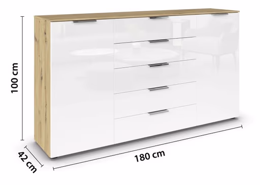 Kommode RIPP- Eiche Dekor, Glas, Weiß