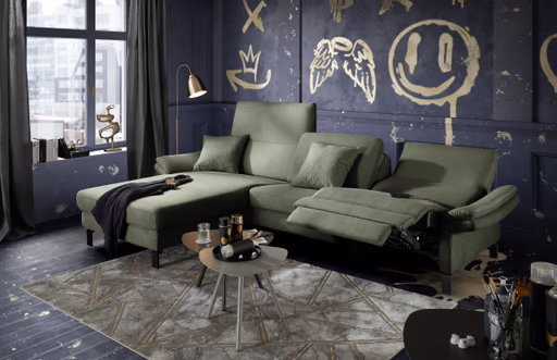Ecksofa CALM PREMIUM 2.0 - Longchair links mit 3-Sitzer, Relaxfunktion motorisch, Armlehne verstellbar, Stoff, Dunkelgrün