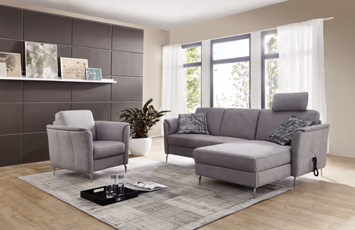 Sofa - 2,5 Sitzer mit Longchair Rechts, Stoff, Silbergrau