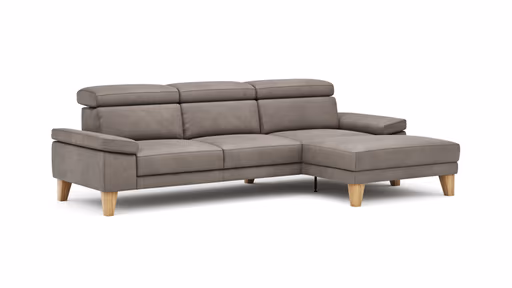 Ecksofa Hudson - 2,5-Sitzer mit Longchair rechts inkl. Kopfteil verstellbar, Stoff, Steingrau
