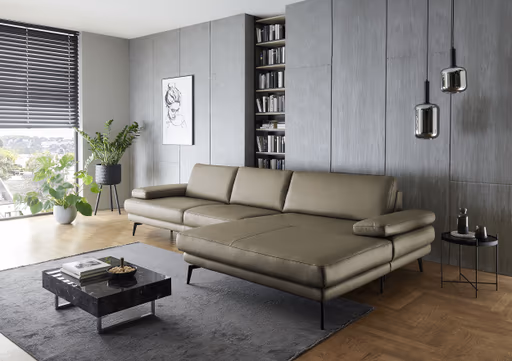 Ecksofa - 3-Sitzer mit Longchair rechts, Leder, Dunkelgrün