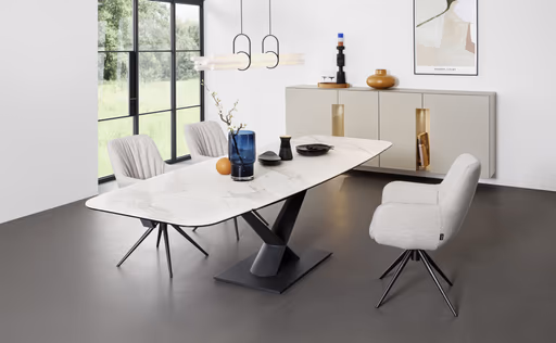 Esstisch Savona - LB ca. 200x100 cm, ausziehbar, Keramik, Weiß, Bootsform