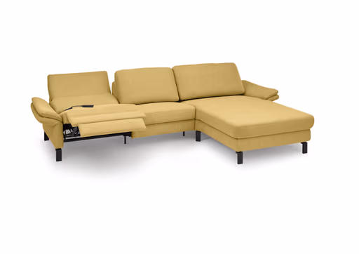 Ecksofa CALM PREMIUM 2.0 - 3-Sitzer mit Longchair rechts, Relaxfunktion motorisch, Armlehne verstellbar, Stoff, Kurkuma