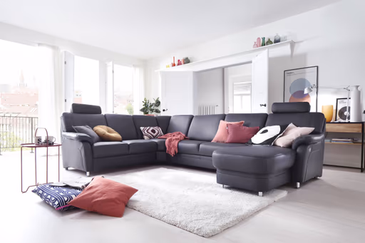 Wohnlandschaft - Ecke links mit 2,5-Sitzer und Longchair rechts, Leder, Schwarz