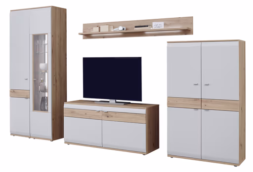 Wohnwand EM Teolo - mit Wandboard und Beleuchtung und geschroppter Rückwand, Alteiche, Lichtgrau