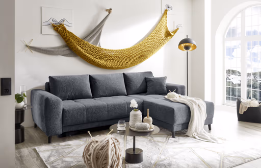 Ecksofa JONI - 2-Sitzer, Ecke rechts inkl. Schlaffunktion mit Bettkasten, Stoff, Anthrazit