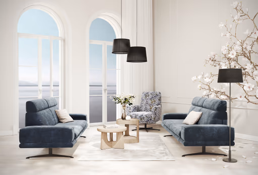 Sofa Hubertus - 2-Sitzer, Kopfstütze verstellbar, Stoff, Blau