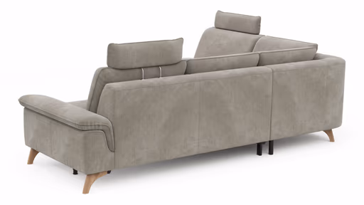Ecksofa Tulsa KS - 1,5-Sitzer mit Anstellhocker aufklappbar links, Spitzecke und 2,5-Sitzer rechts, inkl. Kopfstütze, AL verstellbar und Schlaffunktion, Stoff, Graubeige
