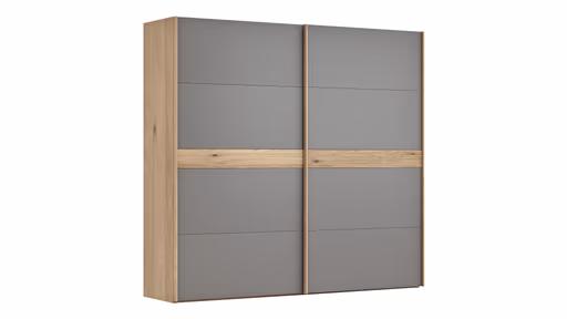 Schwebetürenschrank Viana - B ca. 241 cm, Lack, Steingrau, Riffholz, Balkeneiche