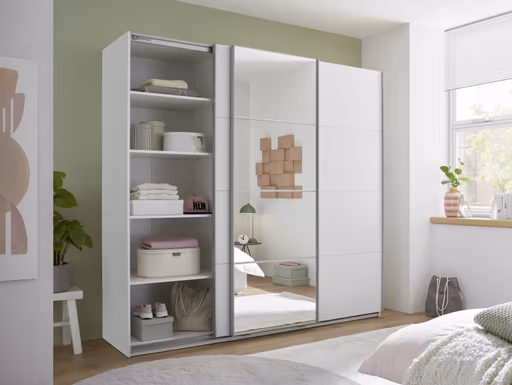 Schwebetürenschrank- B ca. 215 cm, Weiß, Spiegel