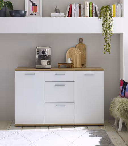 Kommode - B ca. 135 cm, Weiß, Artisan Eiche Nachbildung