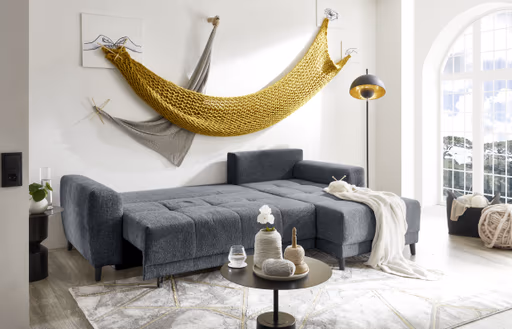 Ecksofa JONI - 2-Sitzer, Ecke rechts inkl. Schlaffunktion mit Bettkasten, Stoff, Anthrazit