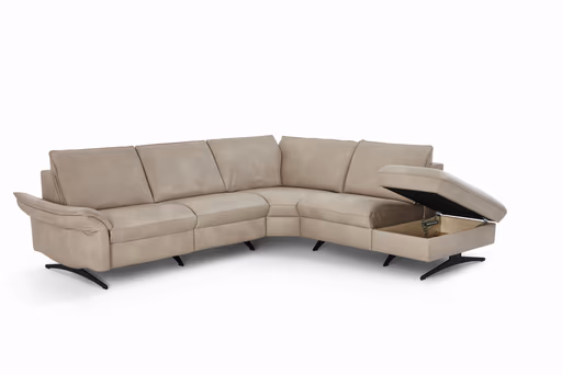 Ecksofa - 2-Sitzer mit Ecke rechts, Rücken hochklappbar motorisch, Armlehne vertellbar, Relaxfunktion, Leder, Beige
