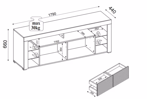 TV-Lowboard - mit Beleuchtung, B ca. 179 cm, Kaschmir, Riva Eiche Nachbildung