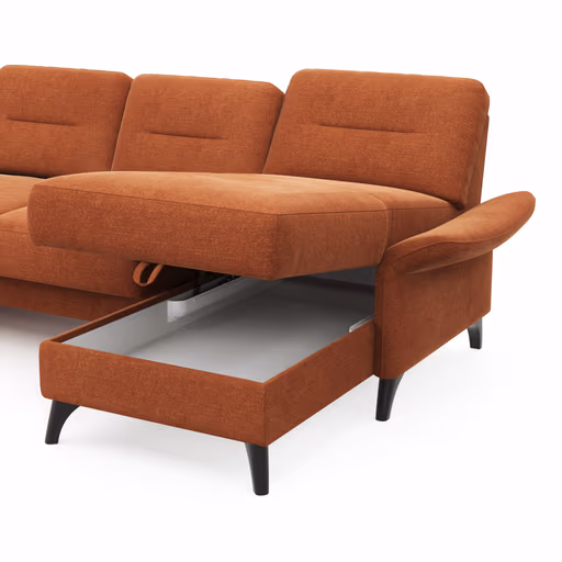 Wohnlandschaft Almyra - Ottomane links, 2,5-Sitzer inkl. Vorziehsitz (motorisch), Longchair rechts inkl. Bettkasten und Armlehne klappbar, Stoff, Kupfer