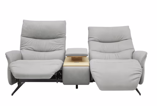 Sofa EM Lun - 2,5-Sitzer, Tisch mit Kissen, Relaxfunktion, Kopfteilverstellung, Leder, grau
