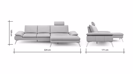 Ecksofa Collina - 2,5-Sitzer, Longchair rechts, inklusive Kopfstütze, Leder, Ecru