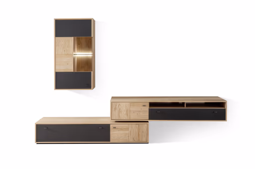 Wohnwand - mit Beleuchtung,  Balkeneiche massiv, Absetzung Glas Anthrazit