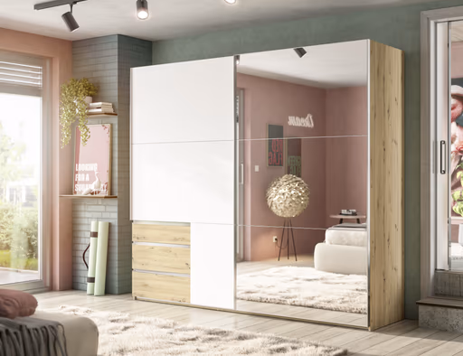 Schwebetürenschrank- B ca. 250 cm, Eiche Dekor, Weiß, Spiegel